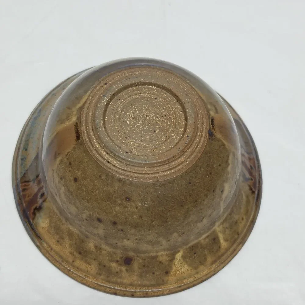 Vintage Studio Pottery Bowl Artist Signed Tan Blue Glazed Cottagecore